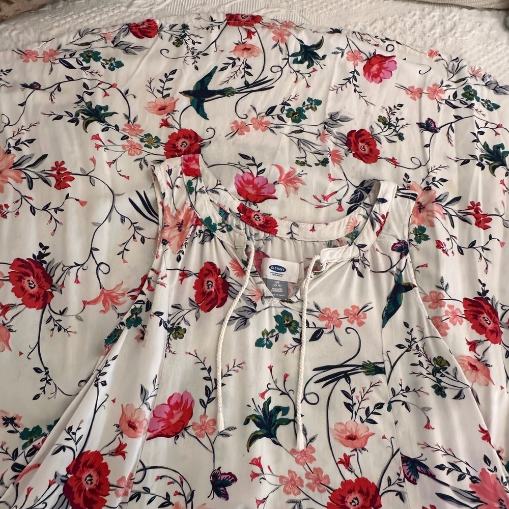 Old Navy Girls White Dress Large 10-12 Floral Bird Print High Low Summer Casual‎ - Picture 4 of 8